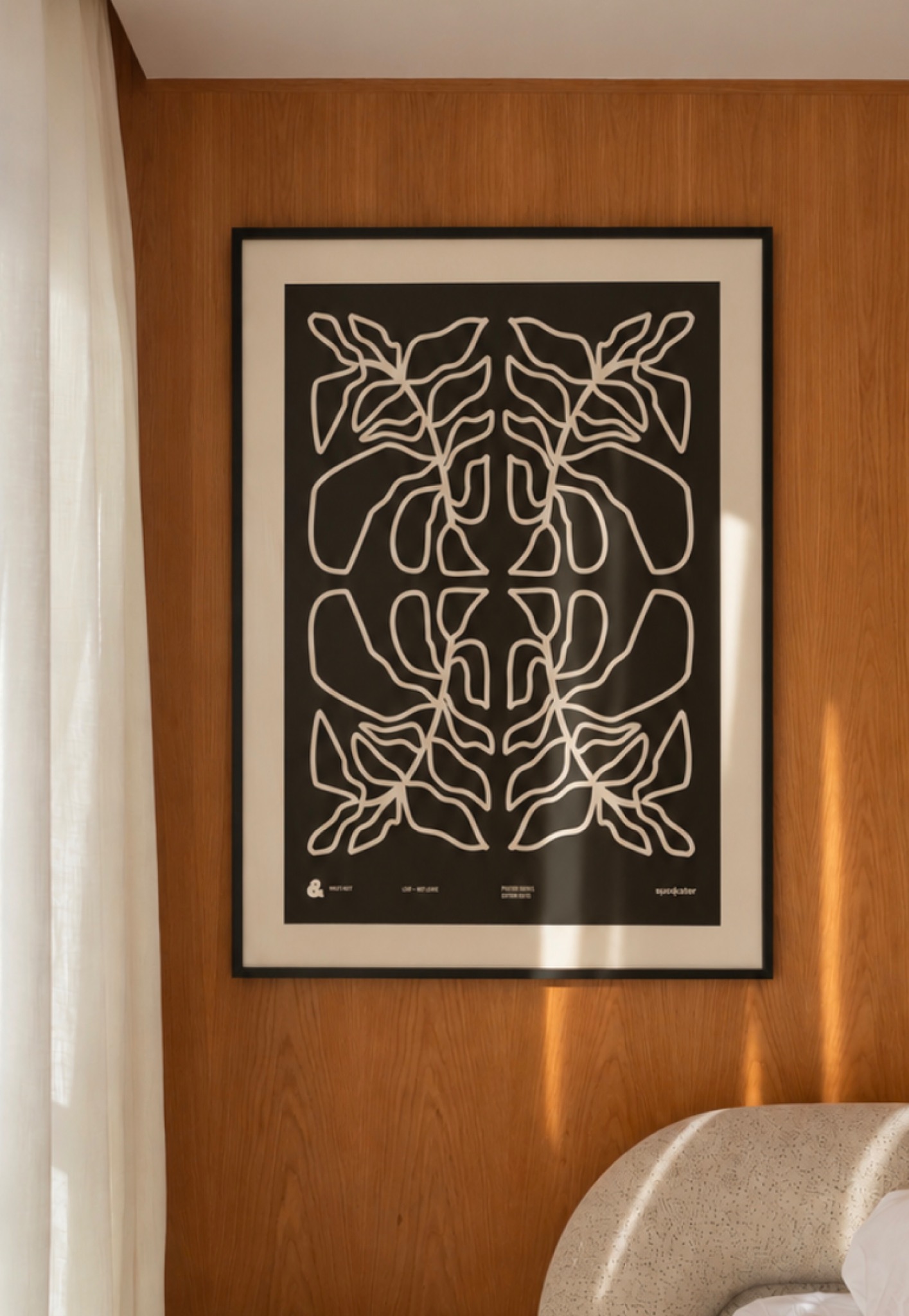 Fine art print in a warm boutique hotel bedroom
