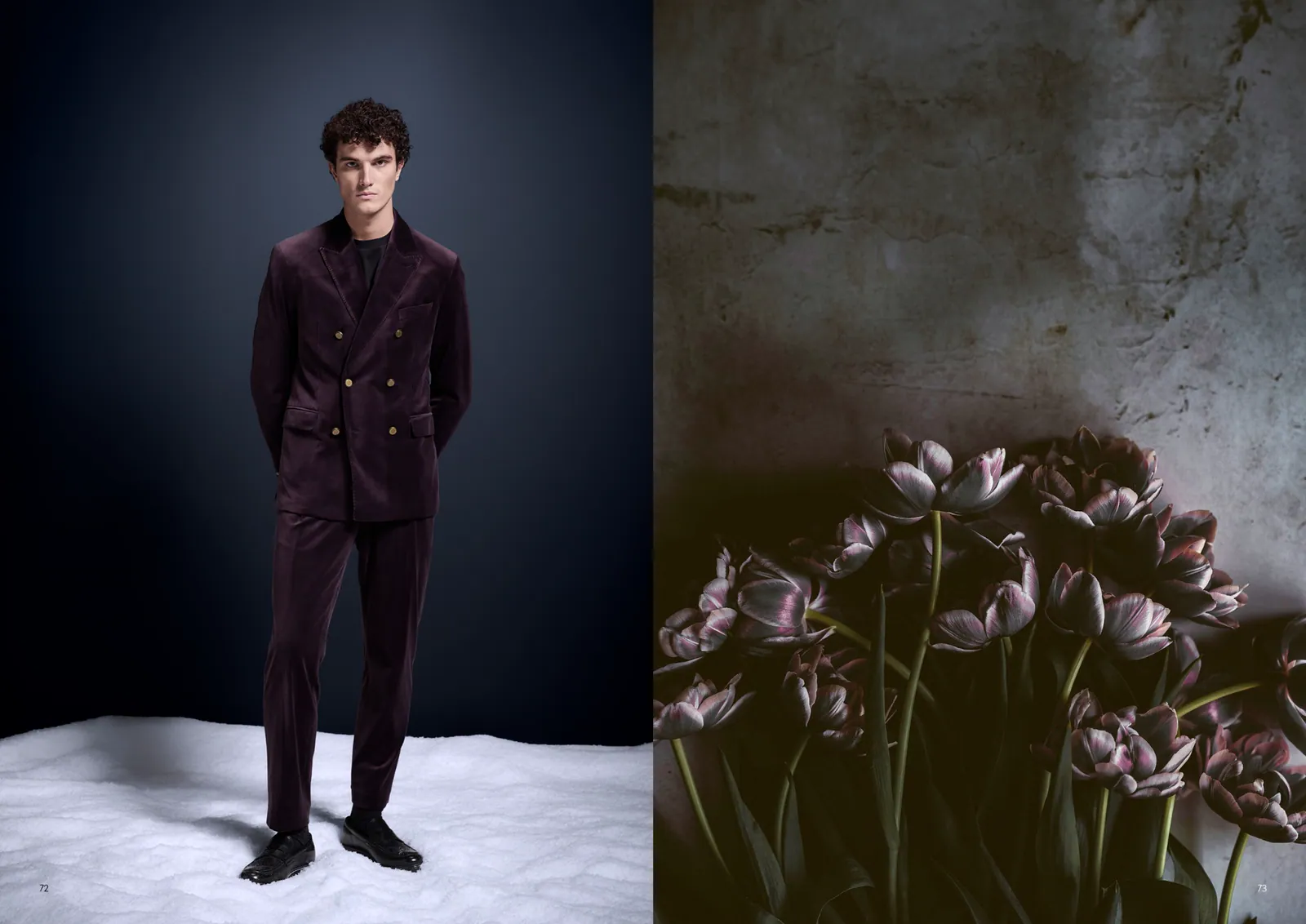 Benvenuto Fall Winter 2025 model and dark tulip lookbook spread